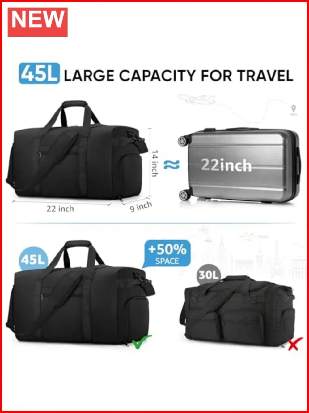 45L Waterproof Travel Duffel with Shoe Compartment, Airline Approved Carry On